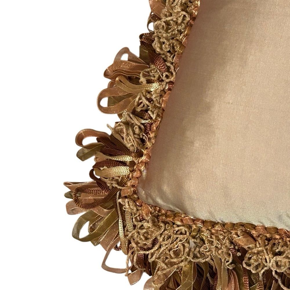 Boho Silk Satin Peach Embroidered Decorative Pillow Fringe Ribbon Down 21 Square - Picture 3 of 9